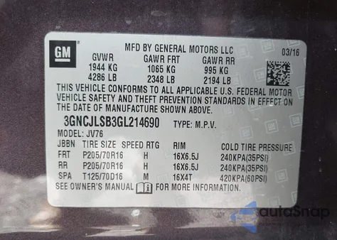 2016 Chevrolet Trax Lt from USA, damaged, VIN 3GNCJLSB3GL214690